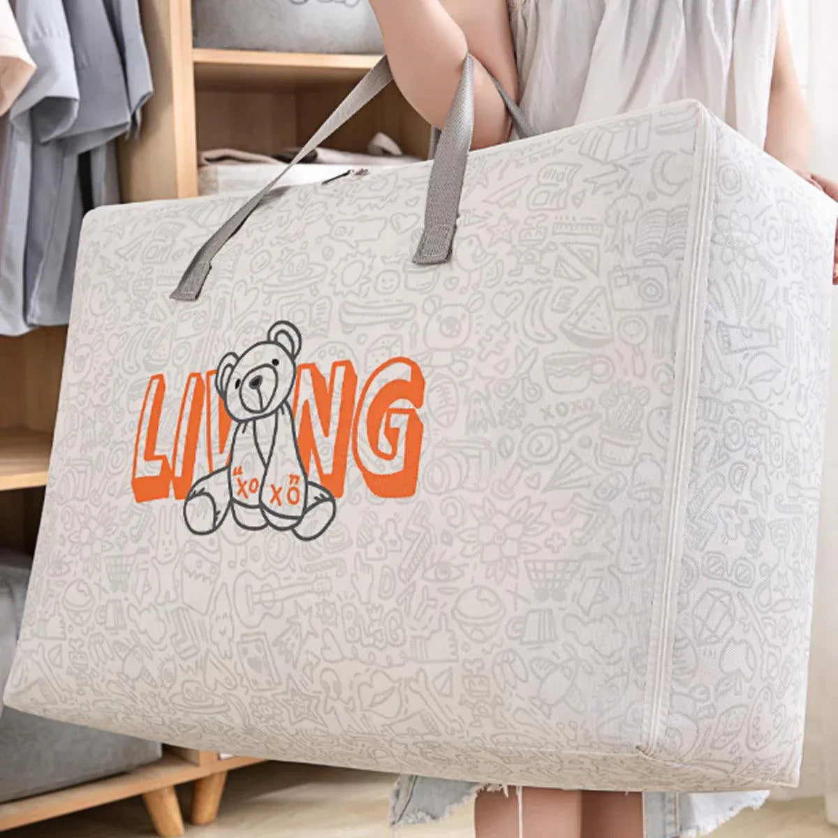 2pcs Cartoon Bear Luggage Organizer Storage Bags Blanket Quilt Closet Box Set - White-M V528-DOGGY-BAG-M-WHITE-759325