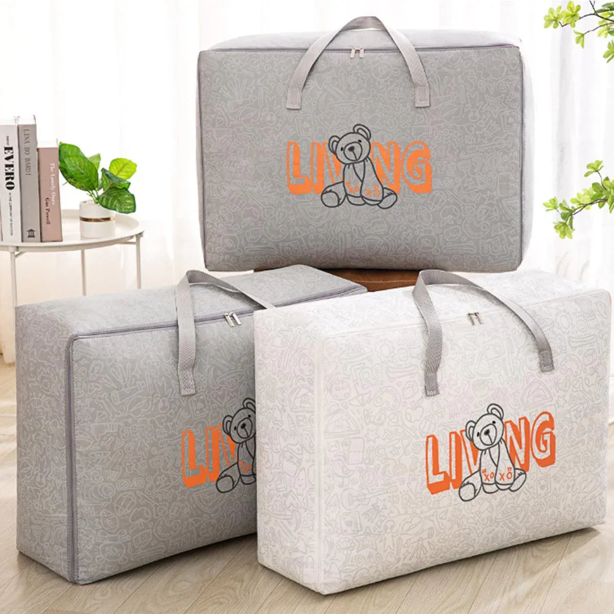 2pcs Cartoon Bear Luggage Organizer Storage Bags Blanket Quilt Closet Box Set - White-M V528-DOGGY-BAG-M-WHITE-759325