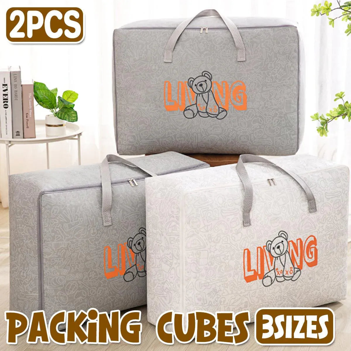 2pcs Cartoon Bear Luggage Organizer Storage Bags Blanket Quilt Closet Box Set - White-M V528-DOGGY-BAG-M-WHITE-759325