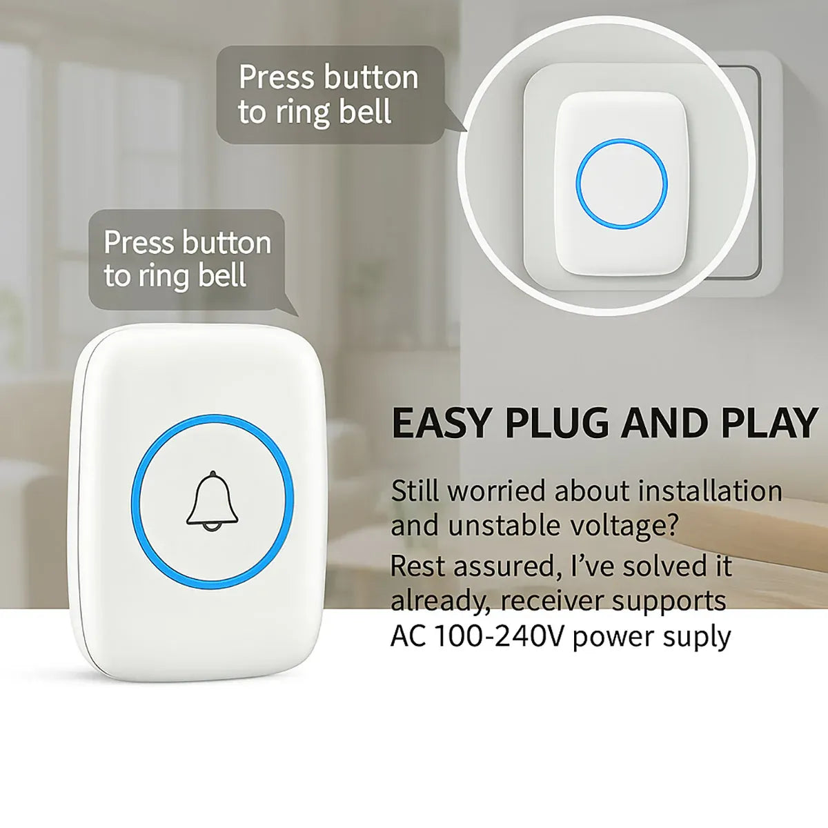Wireless Doorbell Kit Home Call Button Remote Control White Waterproof Chime - White V528-DOORBELL-WHITE-727801