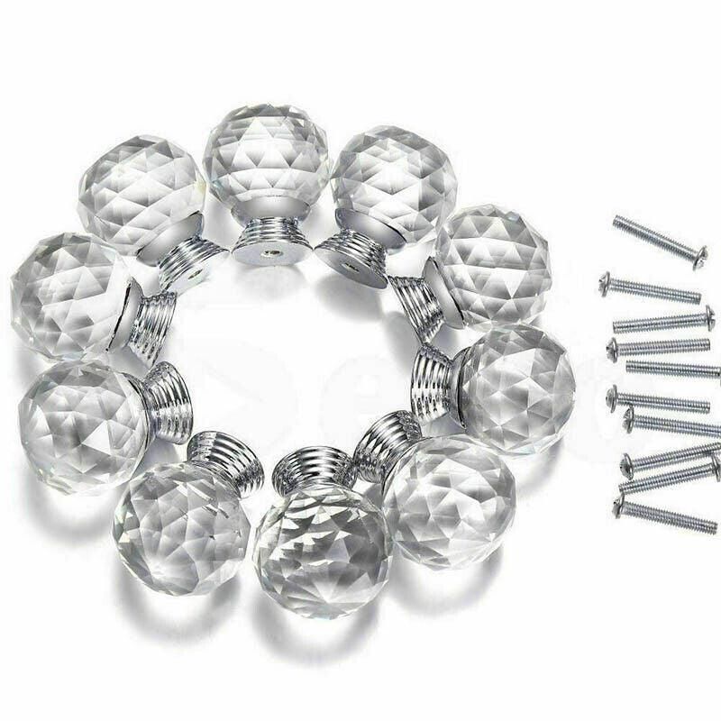 Crystal Glass Cabinet Knobs Drawer Pull Handles Cupboard Door Knob with Screws 10Pcs - 40mm V528-DOORKNOBS-40MM-10PCS-897410