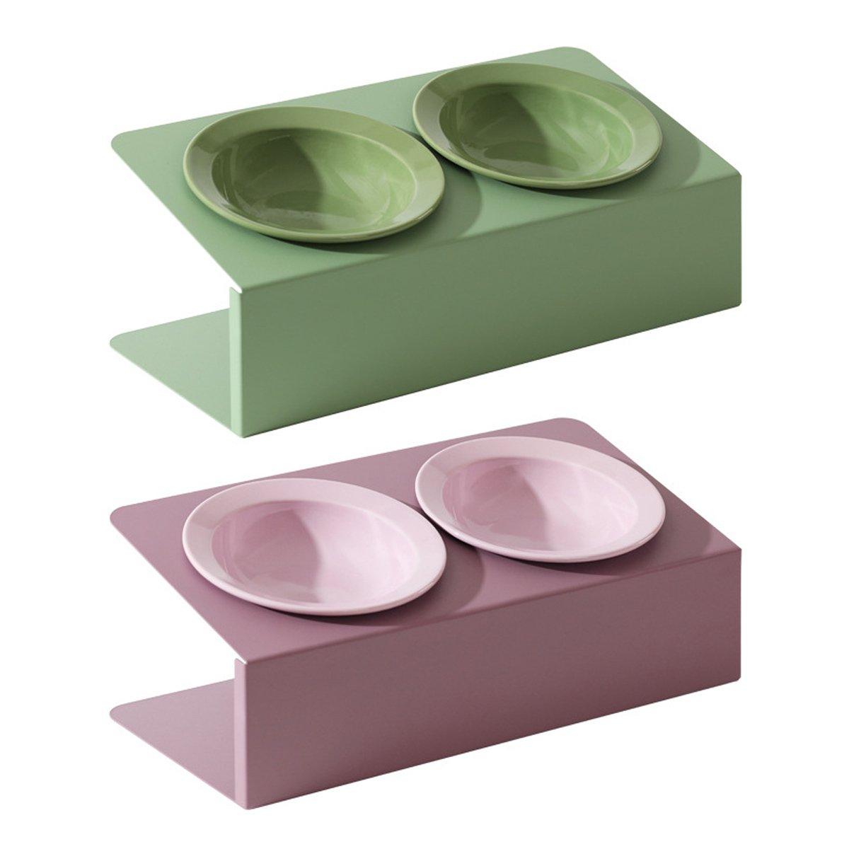 Ceramic Slanted Double Pet Bowl Cat Dog Food Water Bowl Non-Slip Feeding Dish - Green V528-DOUBLE-BOWL-GREEN-504558