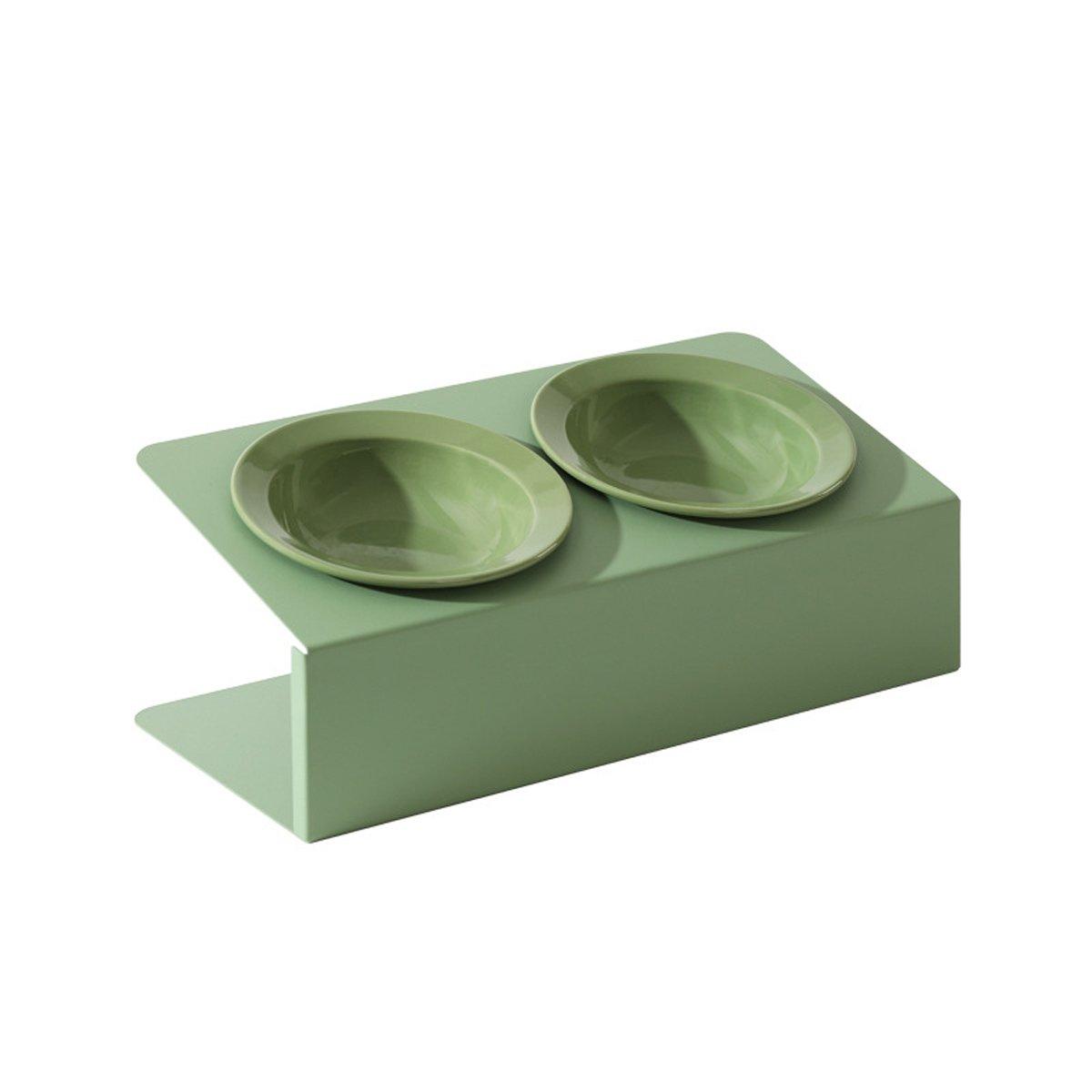 Ceramic Slanted Double Pet Bowl Cat Dog Food Water Bowl Non-Slip Feeding Dish - Green V528-DOUBLE-BOWL-GREEN-504558