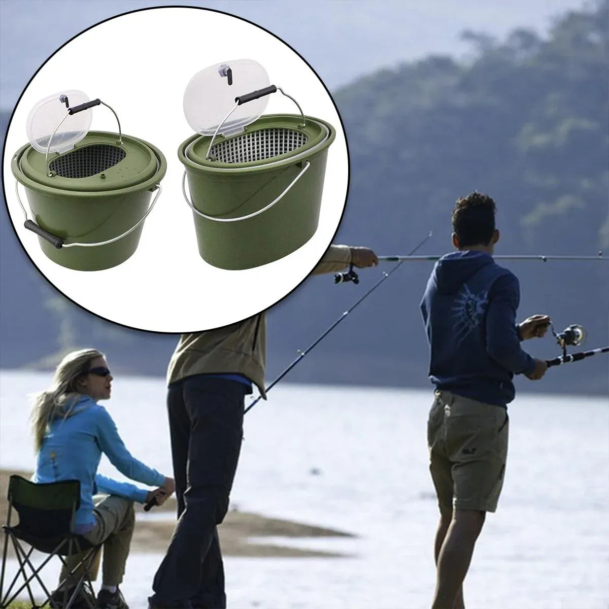 Portable Double Live Fish Bucket Breathable Fish Storage Container for Fishing - M V528-DOUBLE-LAYER-FISH-BUCKET-M-387422