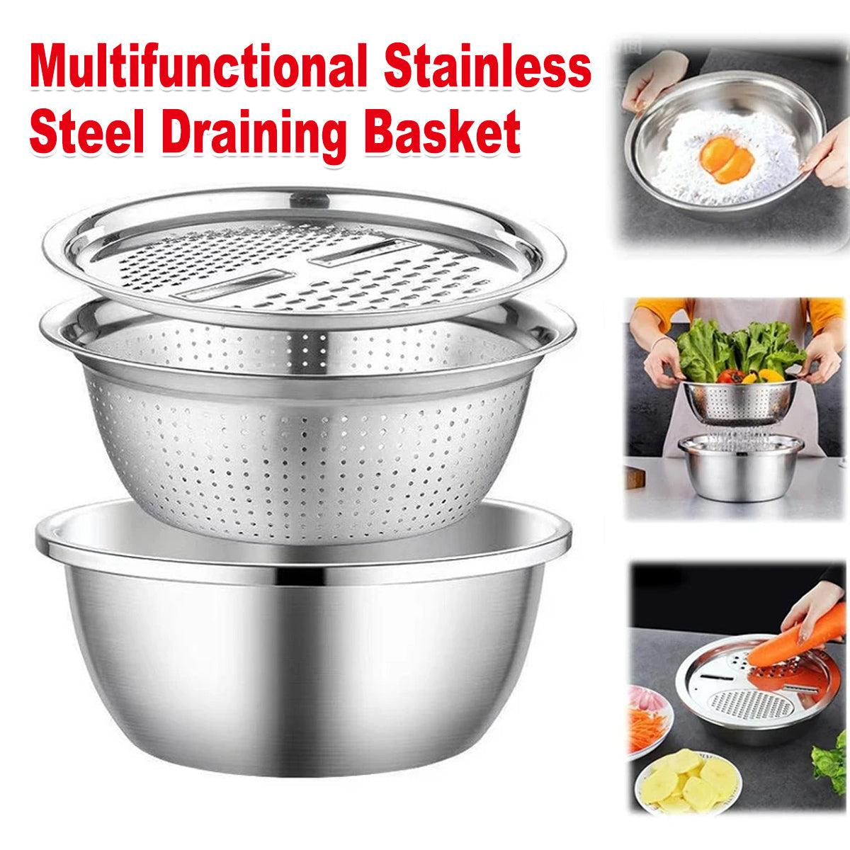 Multifunctional 201 Stainless Steel Basin 3 in 1 Colanders Basin Mixing Bowl Set V528-DRAIN-BASKET-3PCS-790458