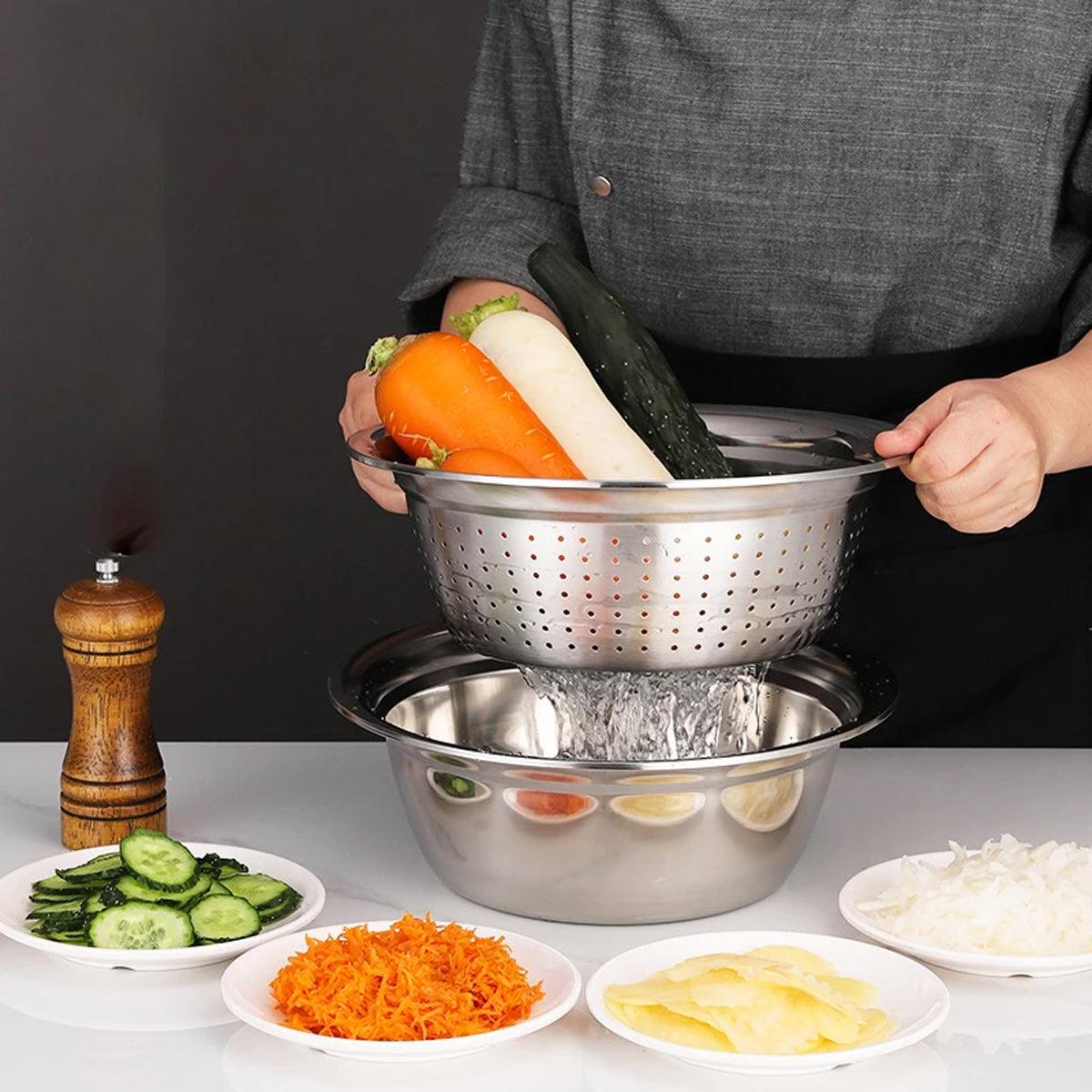 Multifunctional 201 Stainless Steel Basin 3 in 1 Colanders Basin Mixing Bowl Set V528-DRAIN-BASKET-3PCS-790458