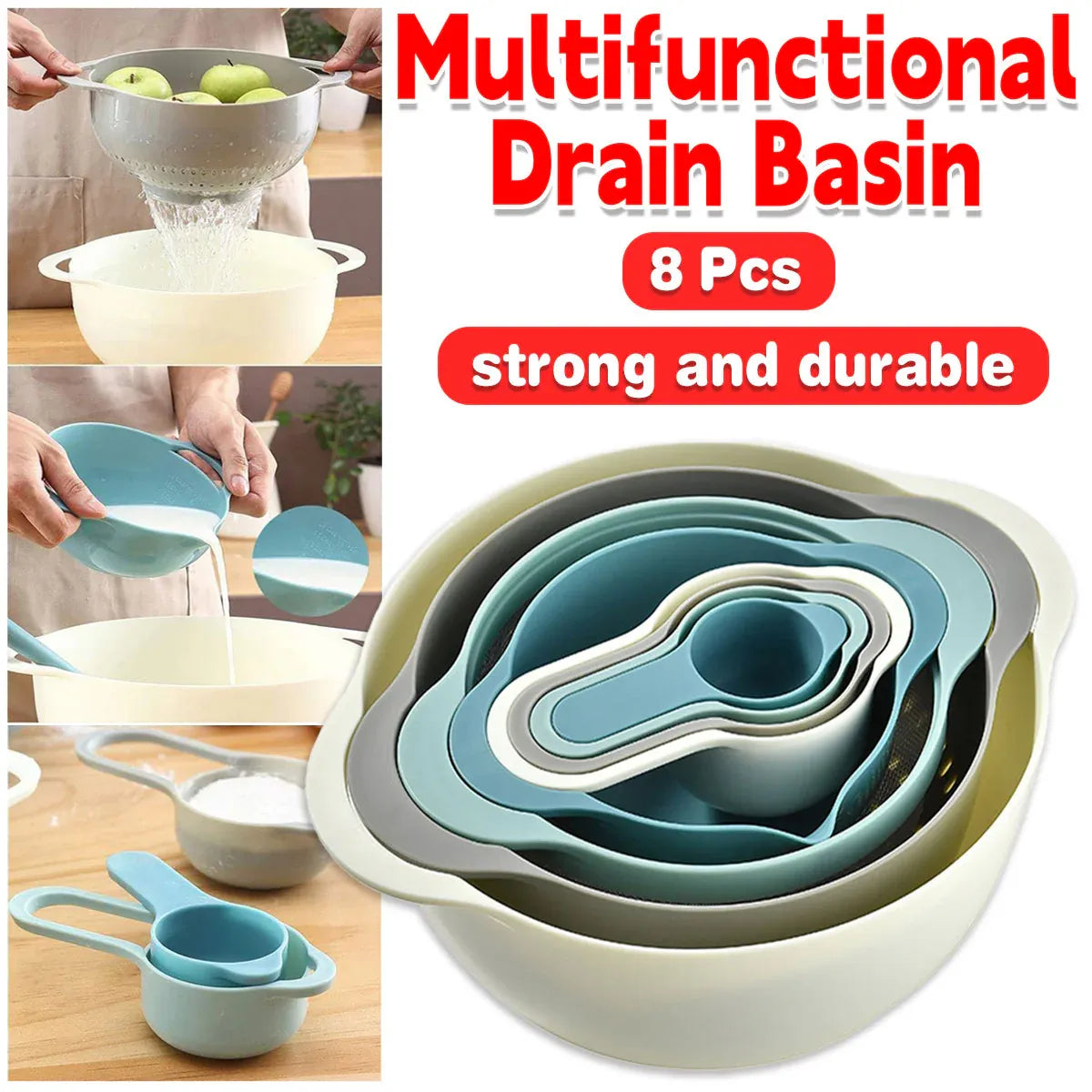 8pcs Plastic Basin Set Drain Basket Washing Mixing Bowl Set Kitchen Baking Tools V528-DRAIN-BASKET-8PCS-305923