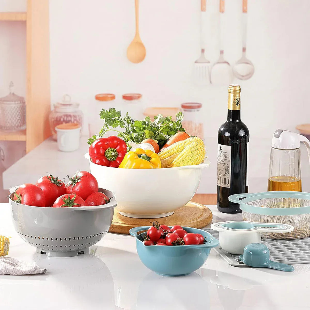 8pcs Plastic Basin Set Drain Basket Washing Mixing Bowl Set Kitchen Baking Tools V528-DRAIN-BASKET-8PCS-305923