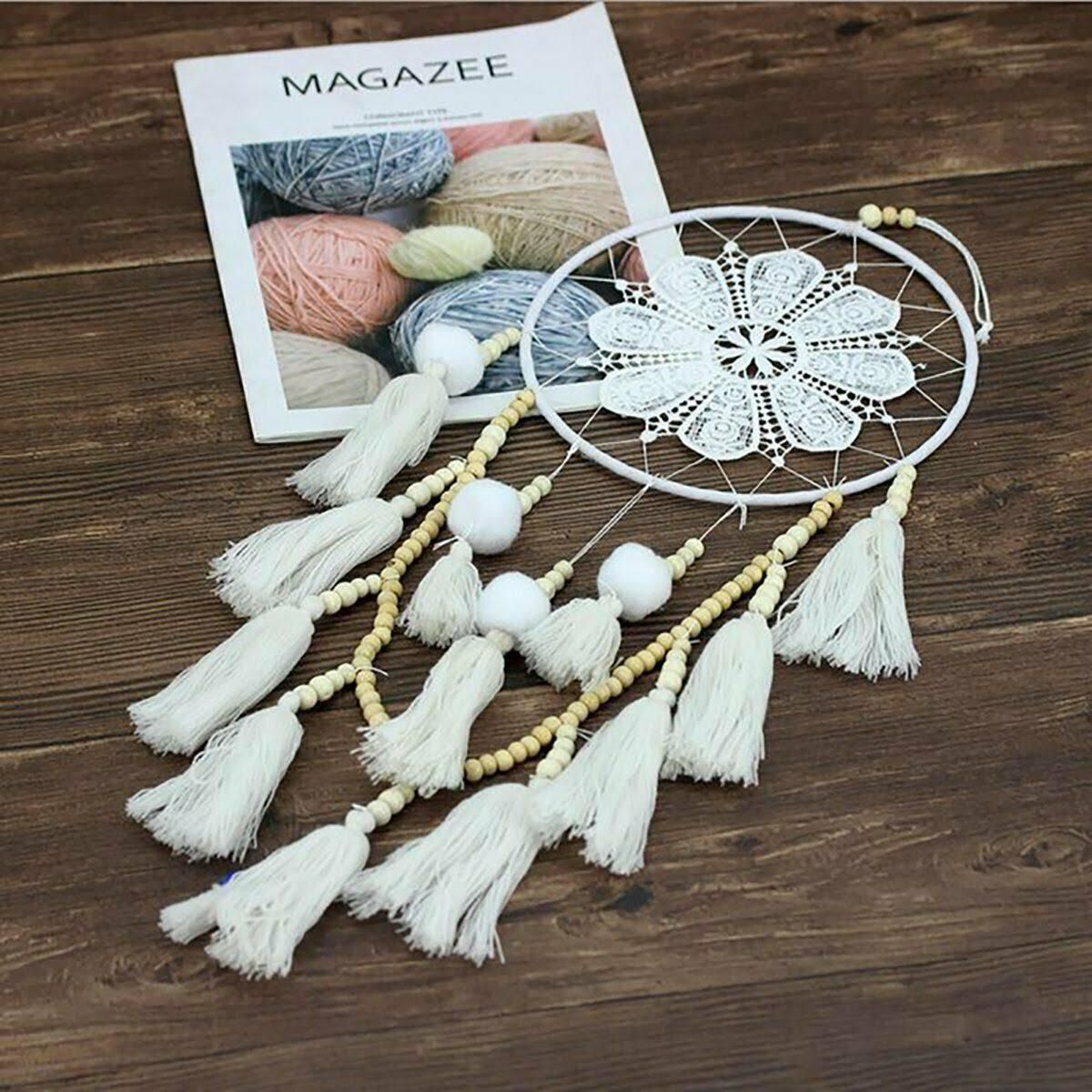 Handmade Dream Catcher Natural Macrame Hairball Art Wall Hanging Room Home Decor V528-DREAMCATCHER-WHITE-416930