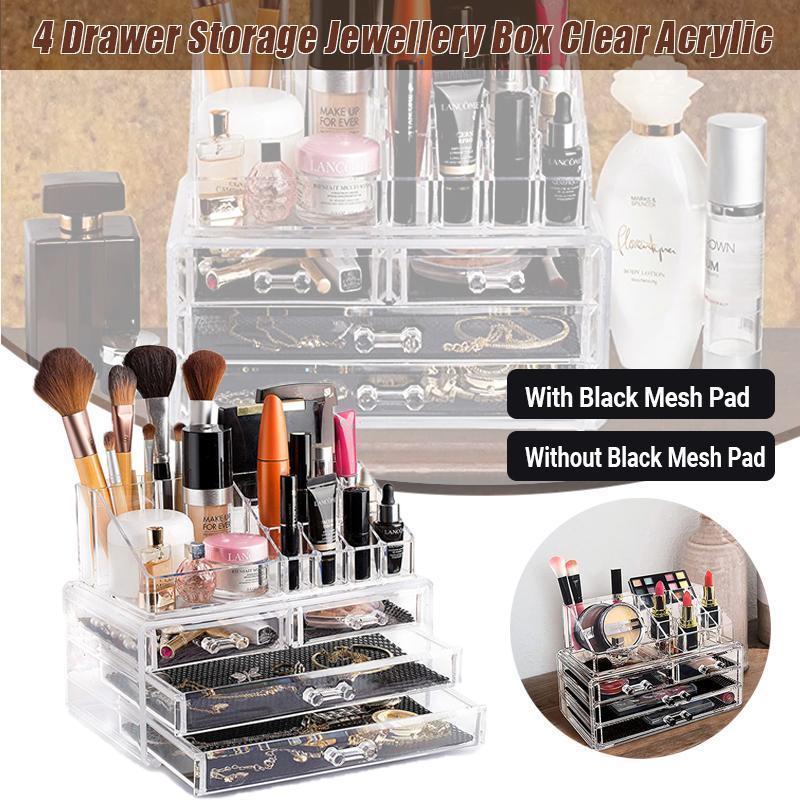 Holder Cosmetic Makeup Organiser 4 Drawer Storage Jewellery Box Clear Acrylic - Without Black Mesh Pad V528-DRESSINGCASE-4GIRD-64511