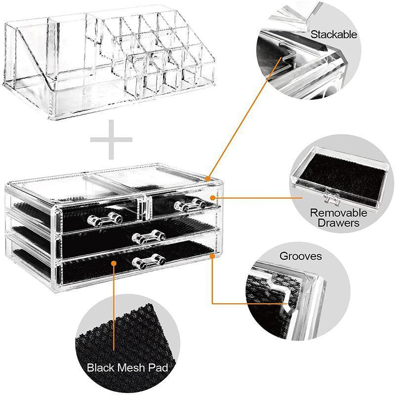 Holder Cosmetic Makeup Organiser 4 Drawer Storage Jewellery Box Clear Acrylic - Without Black Mesh Pad V528-DRESSINGCASE-4GIRD-64511