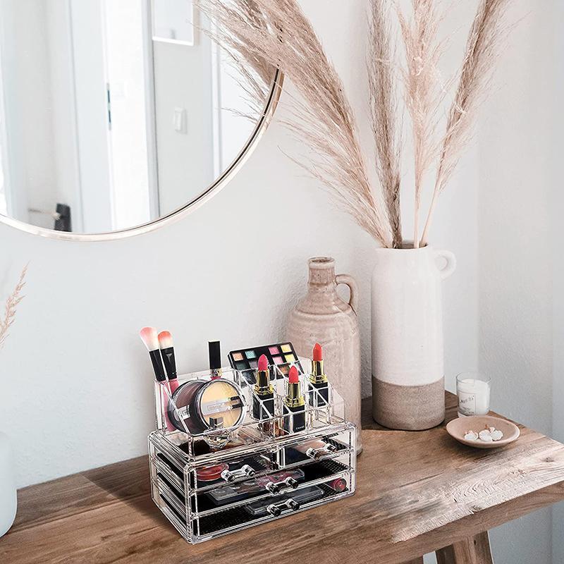 Holder Cosmetic Makeup Organiser 4 Drawer Storage Jewellery Box Clear Acrylic - Without Black Mesh Pad V528-DRESSINGCASE-4GIRD-64511