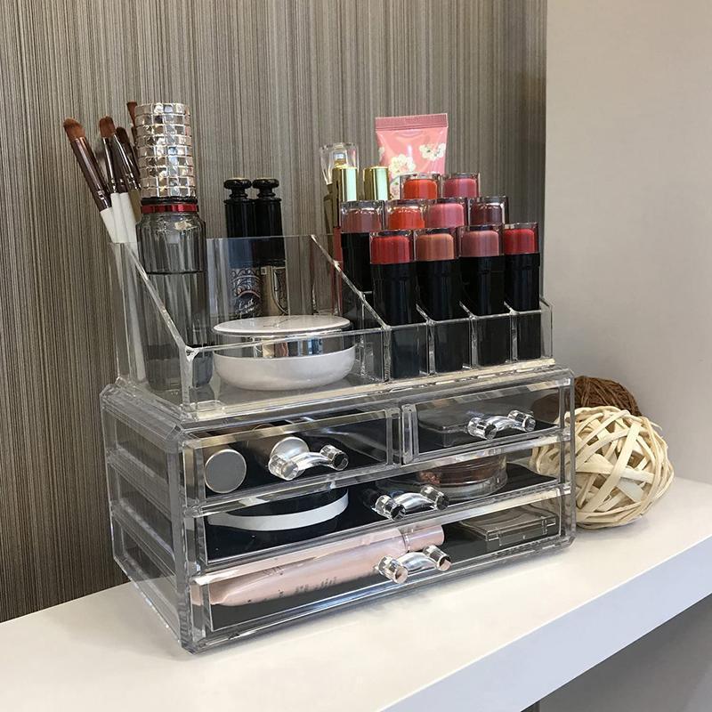Holder Cosmetic Makeup Organiser 4 Drawer Storage Jewellery Box Clear Acrylic - Without Black Mesh Pad V528-DRESSINGCASE-4GIRD-64511