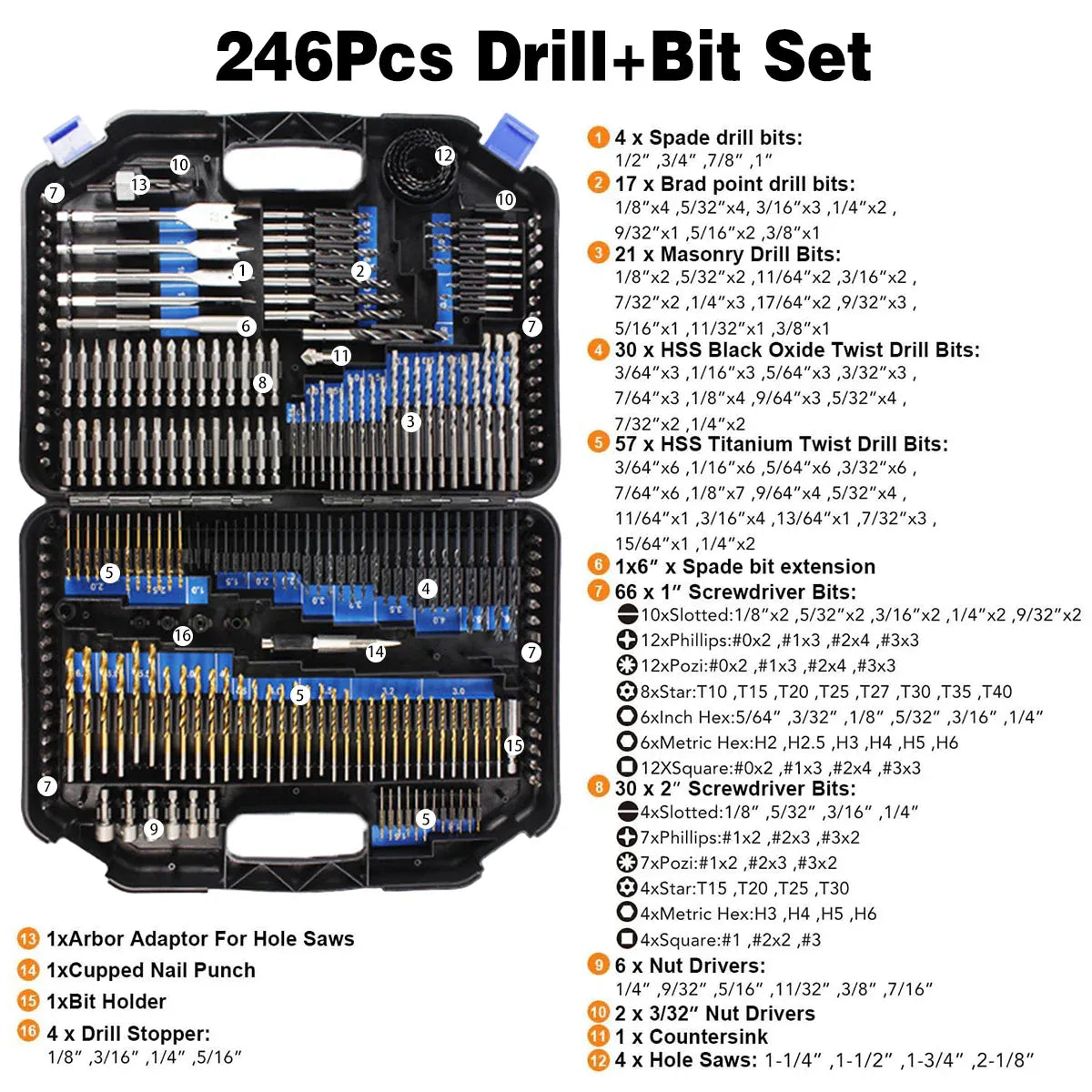 246pcs Drill Bit Set Hole Opener Drills Kit Metal Wood Plastic DIY Power Tools V528-DRILL-BIT-SET-JP246PC-BLUE-518804