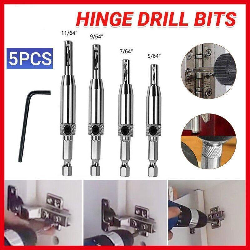 4X Self-Centering Drill Bits Hex Shank Pilot Door Drawer Hinge Hole Screw Guide V528-DRILLBITS-5PCS-816154
