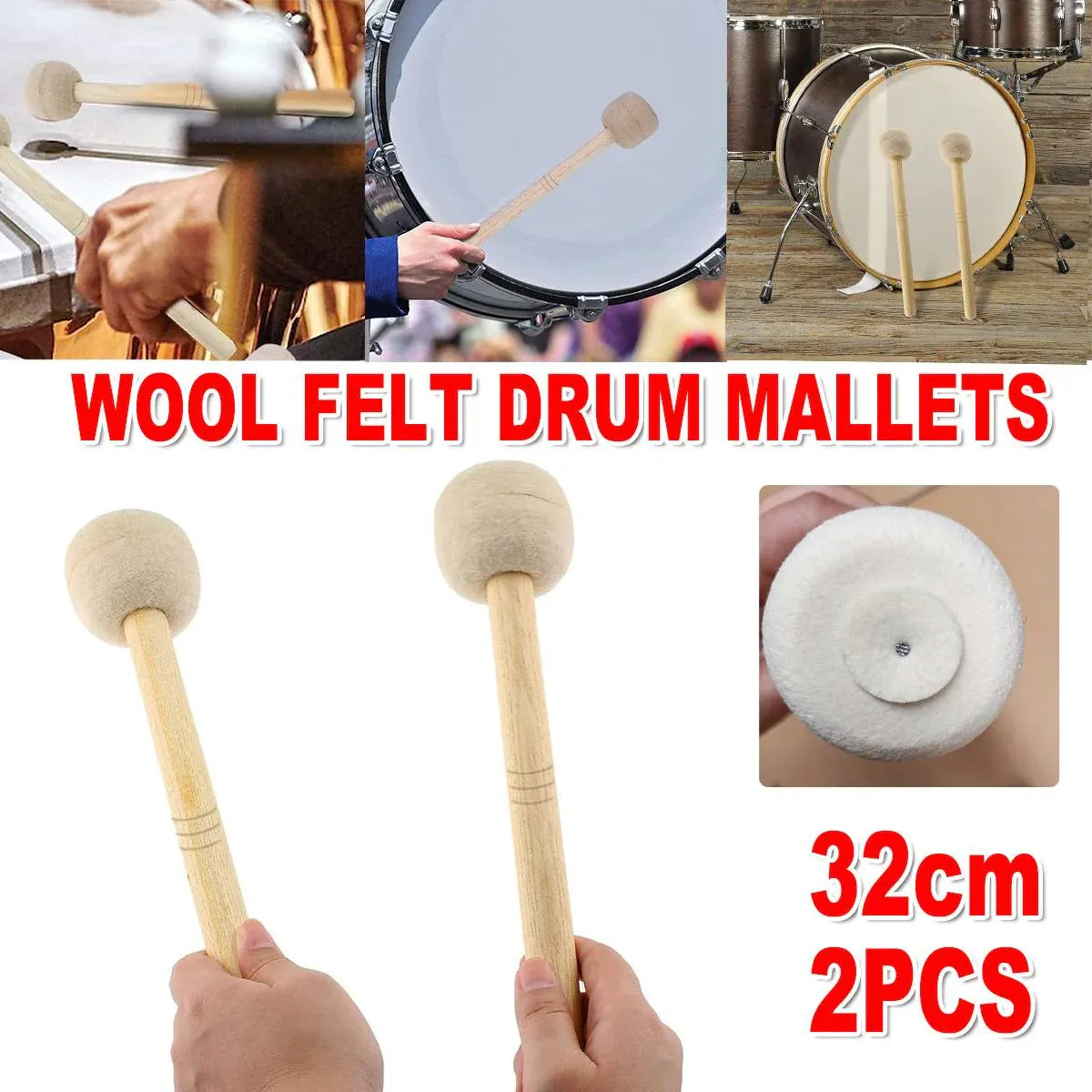 2pcs Felt Drumsticks Gong Mallets Soft Hammer Drum Accessories Percussion Tools V528-DRUMSTICK-2PCS-289040