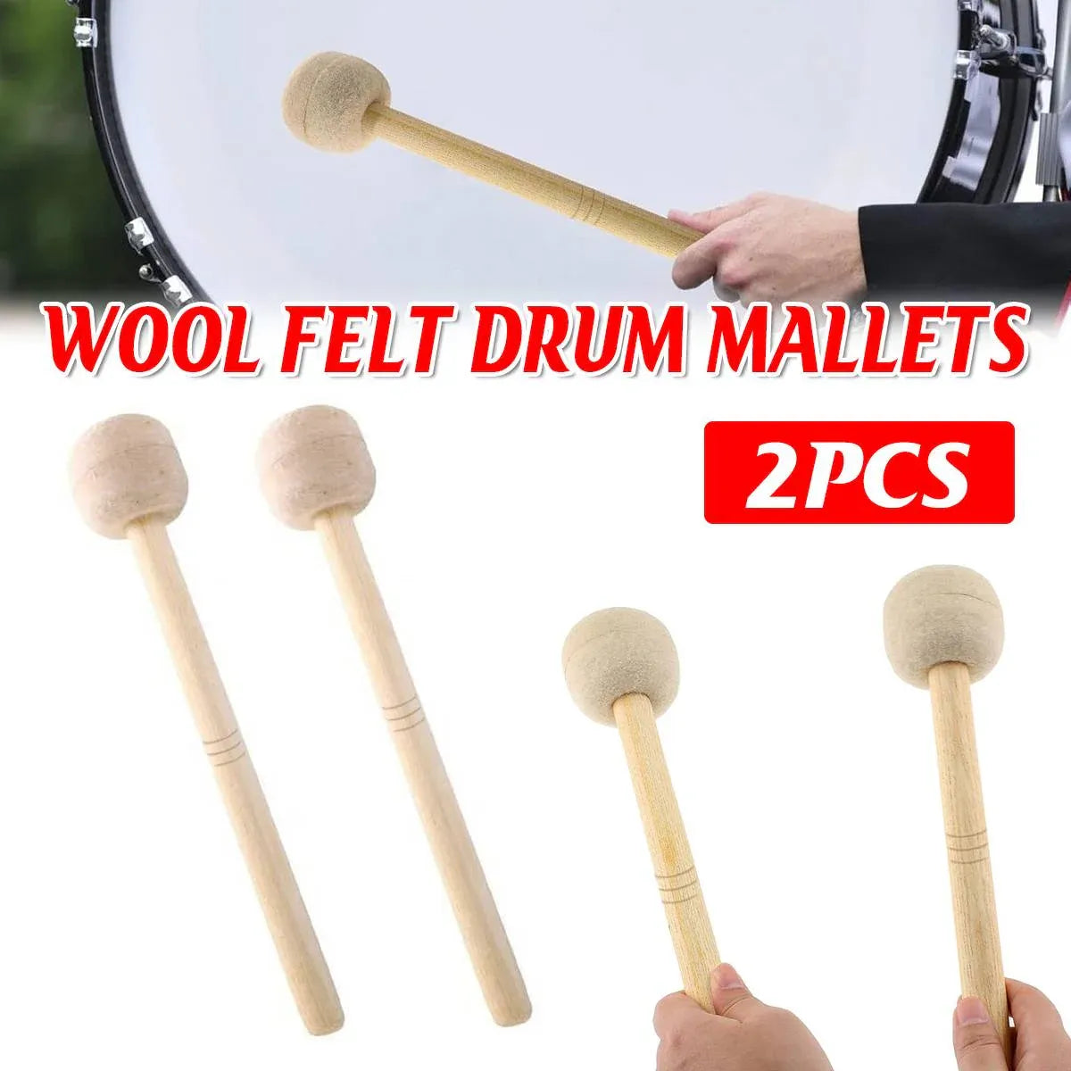 2pcs Felt Drumsticks Gong Mallets Soft Hammer Drum Accessories Percussion Tools V528-DRUMSTICK-2PCS-289040