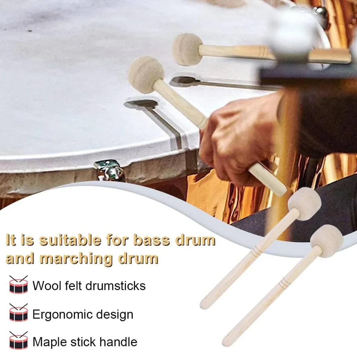 2pcs Felt Drumsticks Gong Mallets Soft Hammer Drum Accessories Percussion Tools V528-DRUMSTICK-2PCS-289040
