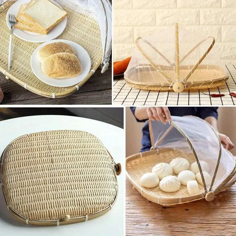Bamboo Baskets Tray Anti Bug Food Fruit Storage Container with Mesh Cover V528-DRY-32-29-20CM-905294