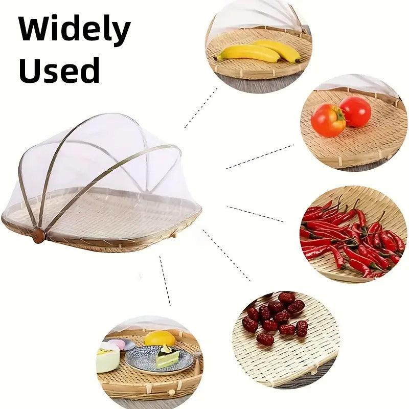 Bamboo Baskets Tray Anti Bug Food Fruit Storage Container with Mesh Cover V528-DRY-32-29-20CM-905294