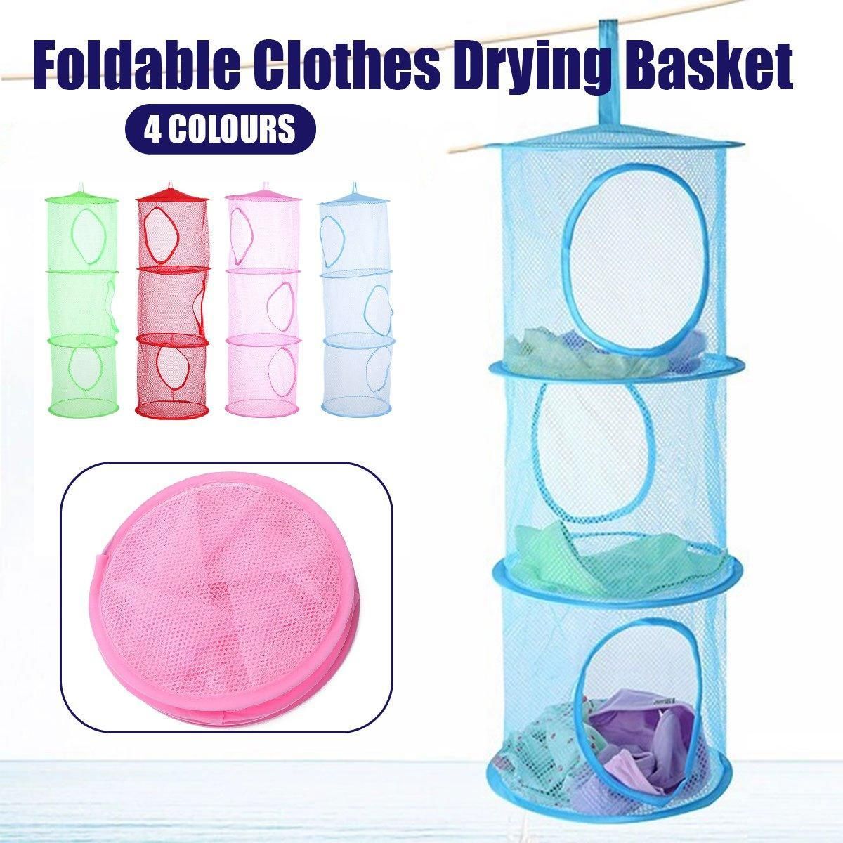Foldable Clothes Drying Basket Three-layer Hanging Storage Breathable Organizer - Blue V528-DRYING-NET-3-BLUE-227655