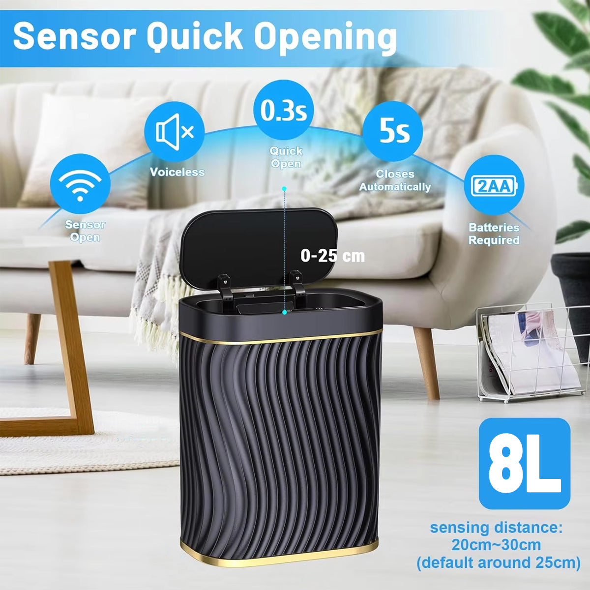 Sensor Trash Can 8L Narrow Black Smart Bin Touchless Bathroom Toilet Waste Bin V528-DUSTBIN-BLACK-741190