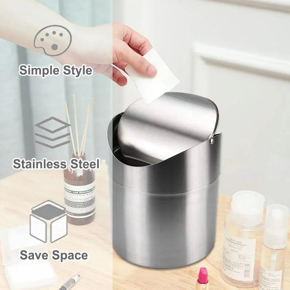 Stainless Steel Mini Desktop Wastebasket Organizer Compact Waste Bin for Office V528-DUSTBIN-SILVER-254124