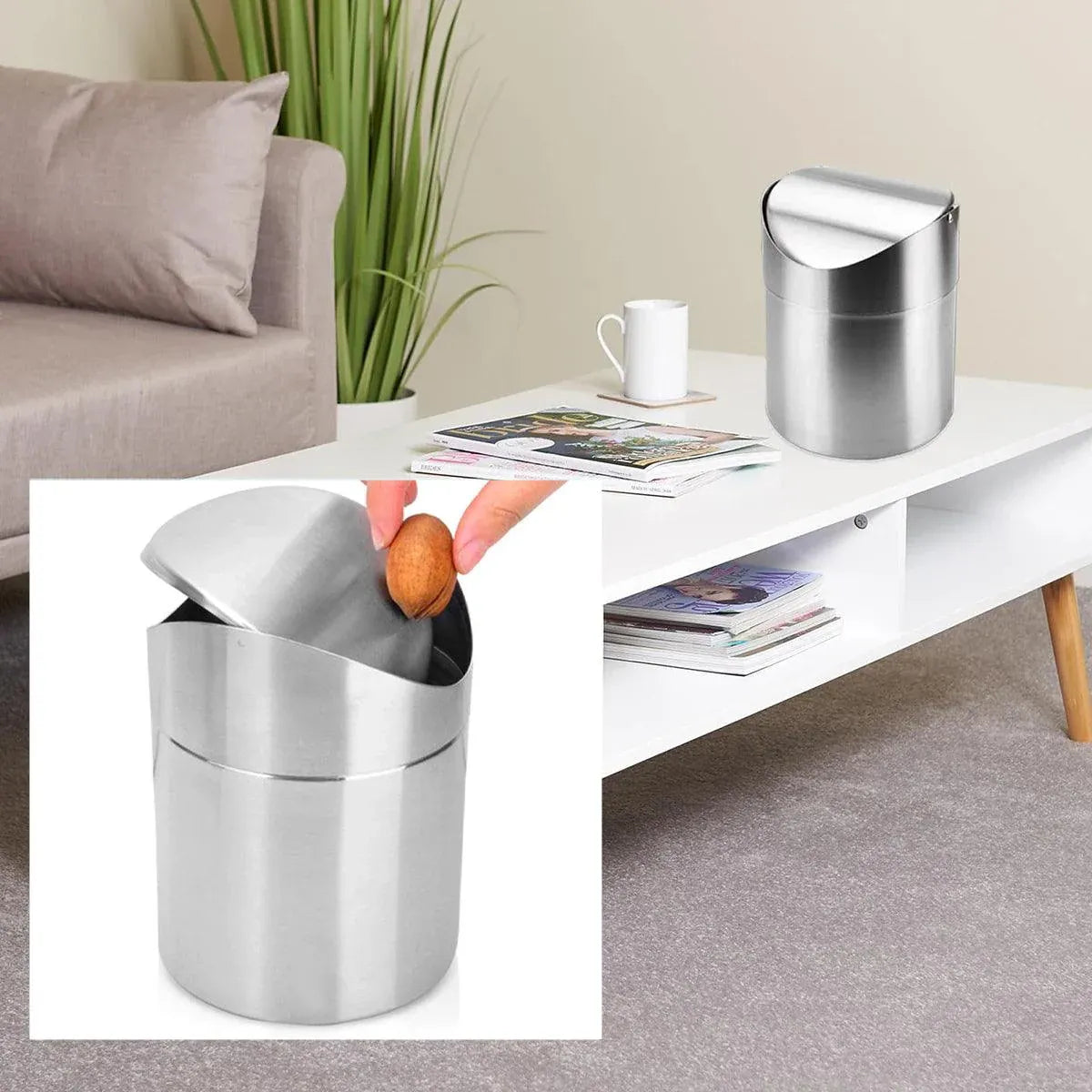 Stainless Steel Mini Desktop Wastebasket Organizer Compact Waste Bin for Office V528-DUSTBIN-SILVER-254124