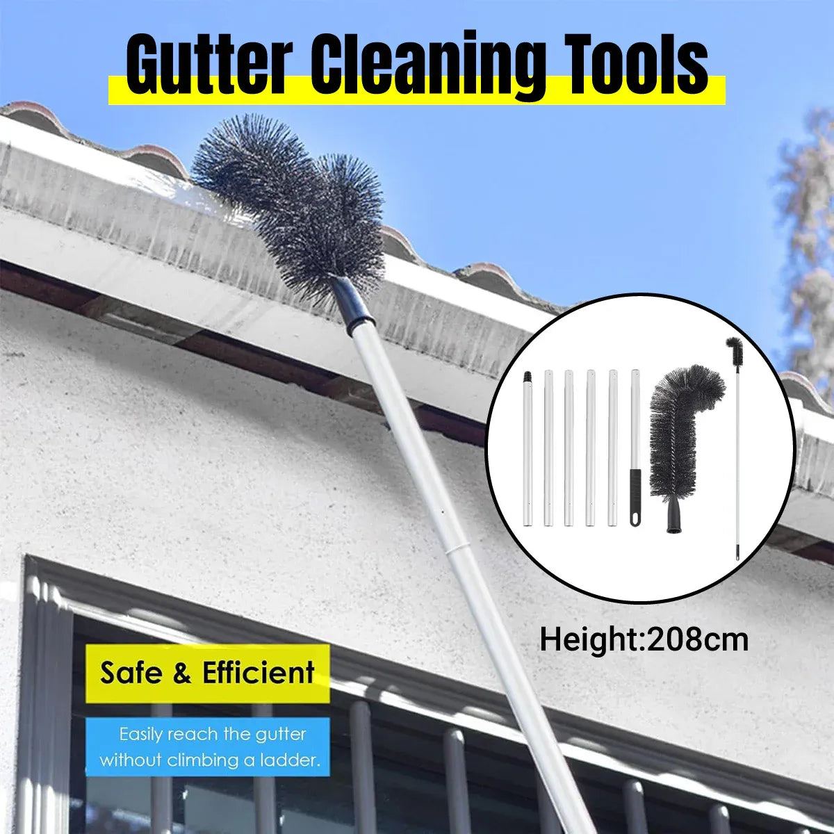 Gutter Cleaning Brush Roofing Tool with Pole 208cm for Long Splicing Gutter V528-DUSTER-6-BLACK-530447