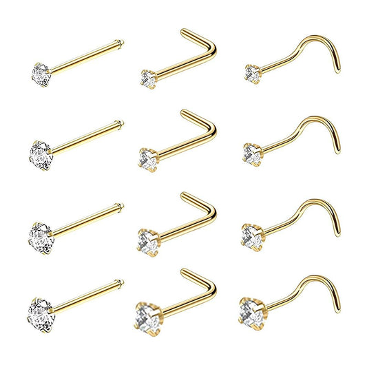 Stainless Steel Nosepiece with Gold Nose Stud Stylish Piercing Jewellery Women - S-Shaped Rod-2mm V528-EAR-STUD-S--20-572685