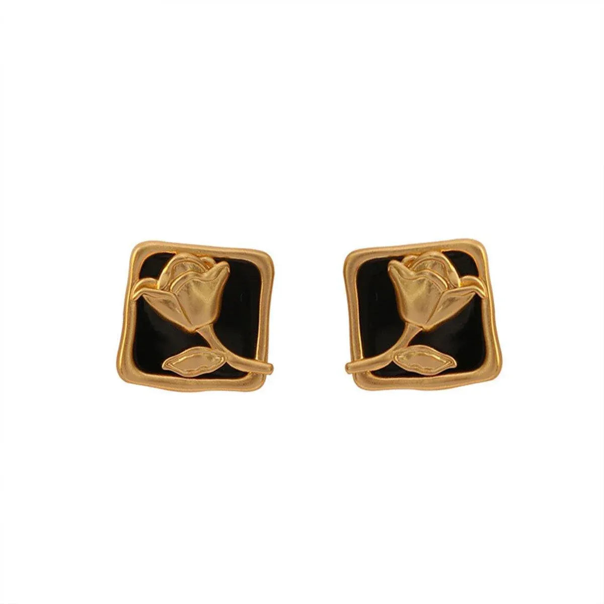 Vintage Matte Black Rose Square Stud Earrings Elegant Fashion Jewelry Women V528-EARRINGS-BLACK-ROSE-889361
