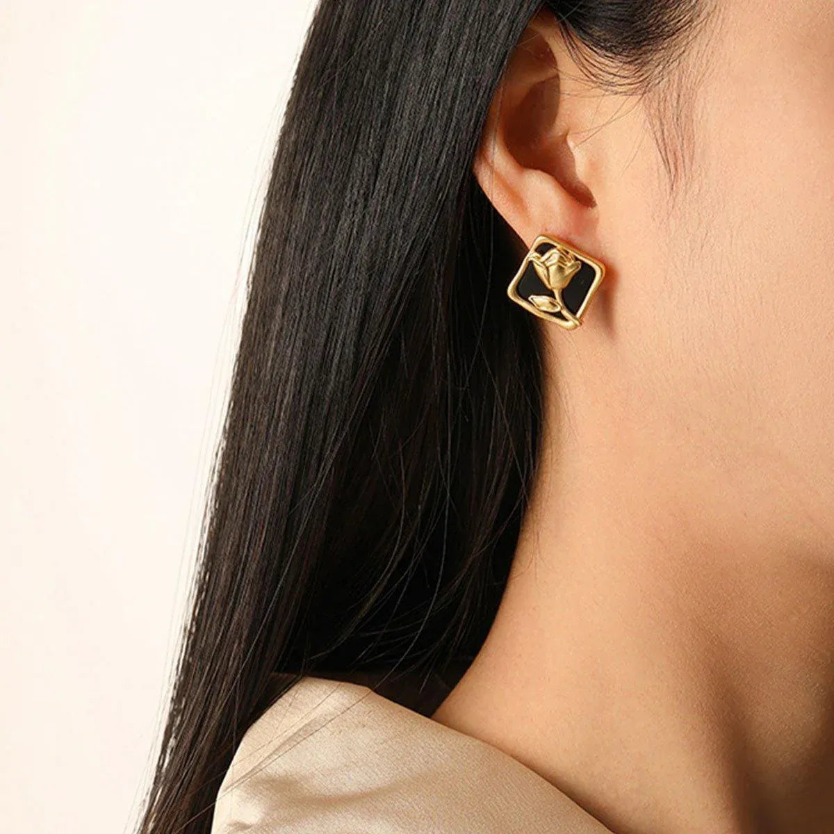 Vintage Matte Black Rose Square Stud Earrings Elegant Fashion Jewelry Women V528-EARRINGS-BLACK-ROSE-889361