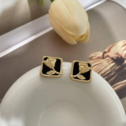 Vintage Matte Black Rose Square Stud Earrings Elegant Fashion Jewelry Women V528-EARRINGS-BLACK-ROSE-889361