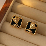 Vintage Matte Black Rose Square Stud Earrings Elegant Fashion Jewelry Women V528-EARRINGS-BLACK-ROSE-889361