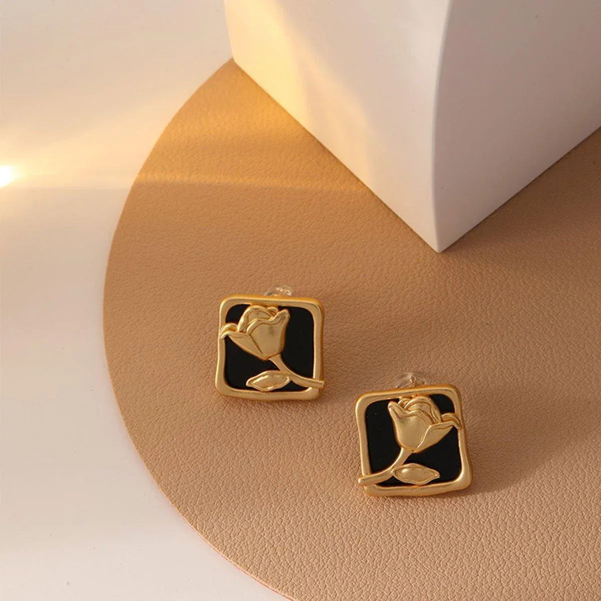 Vintage Matte Black Rose Square Stud Earrings Elegant Fashion Jewelry Women V528-EARRINGS-BLACK-ROSE-889361
