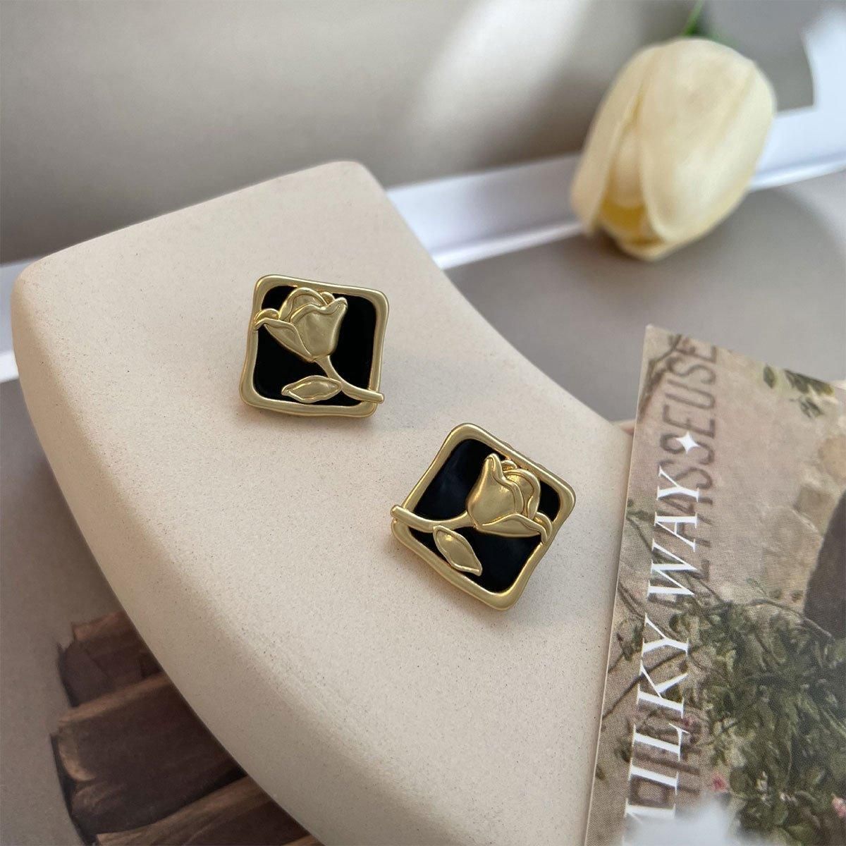 Vintage Matte Black Rose Square Stud Earrings Elegant Fashion Jewelry Women V528-EARRINGS-BLACK-ROSE-889361