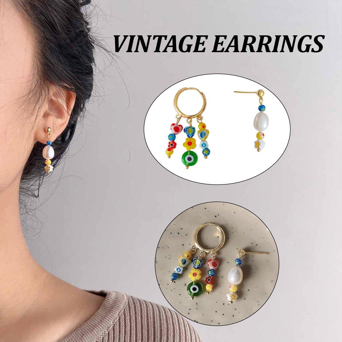 Vintage Asymmetrical Earrings Handmade Floral Glass and Pearl Drop Design for Women V528-EARRINGS-C-727-852192