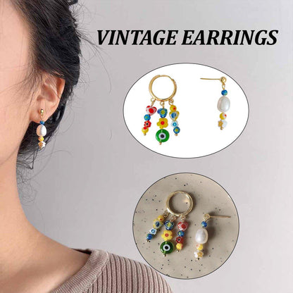 Vintage Asymmetrical Earrings Handmade Floral Glass and Pearl Drop Design for Women V528-EARRINGS-C-727-852192