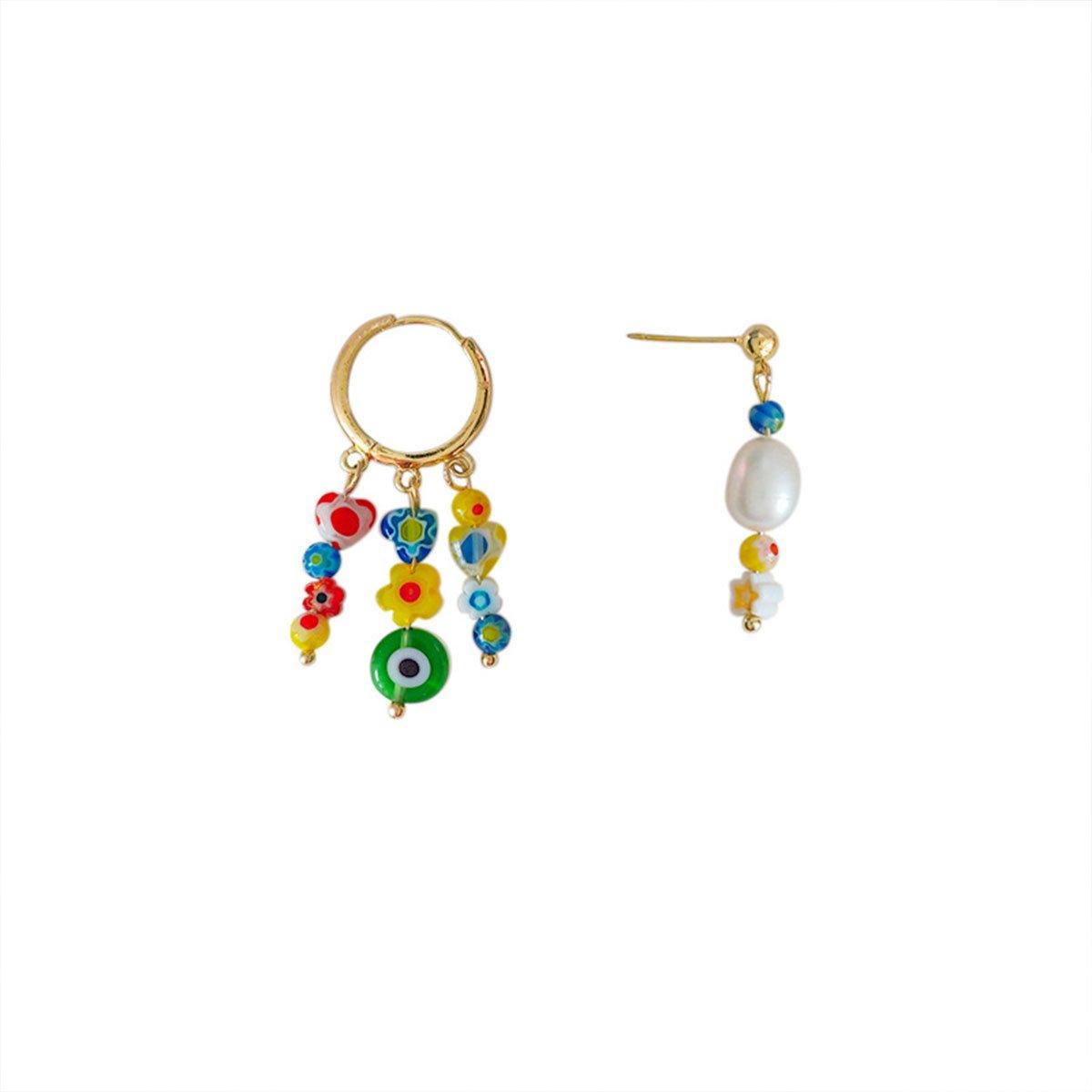 Vintage Asymmetrical Earrings Handmade Floral Glass and Pearl Drop Design for Women V528-EARRINGS-C-727-852192