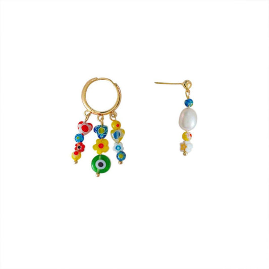 Vintage Asymmetrical Earrings Handmade Floral Glass and Pearl Drop Design for Women V528-EARRINGS-C-727-852192
