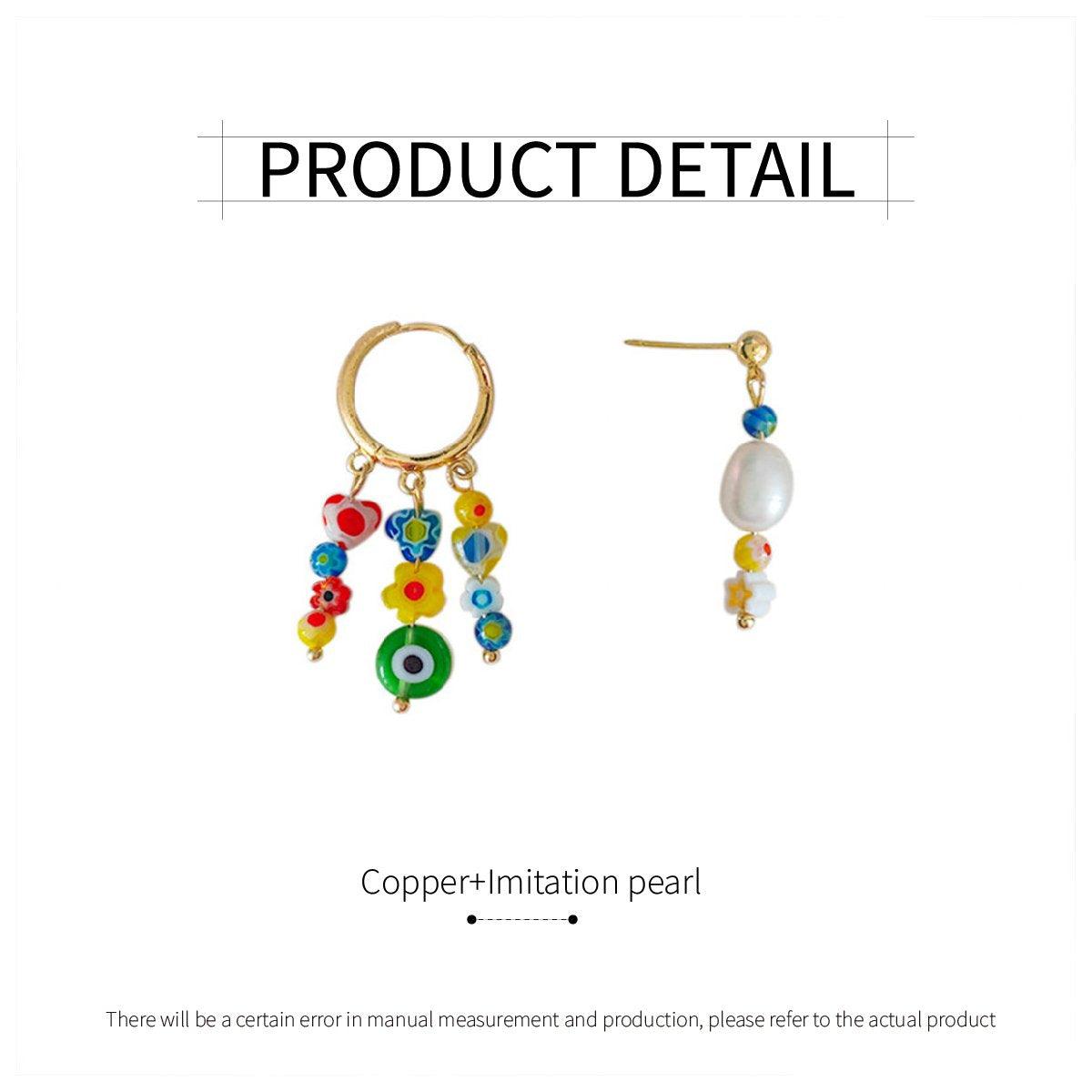 Vintage Asymmetrical Earrings Handmade Floral Glass and Pearl Drop Design for Women V528-EARRINGS-C-727-852192