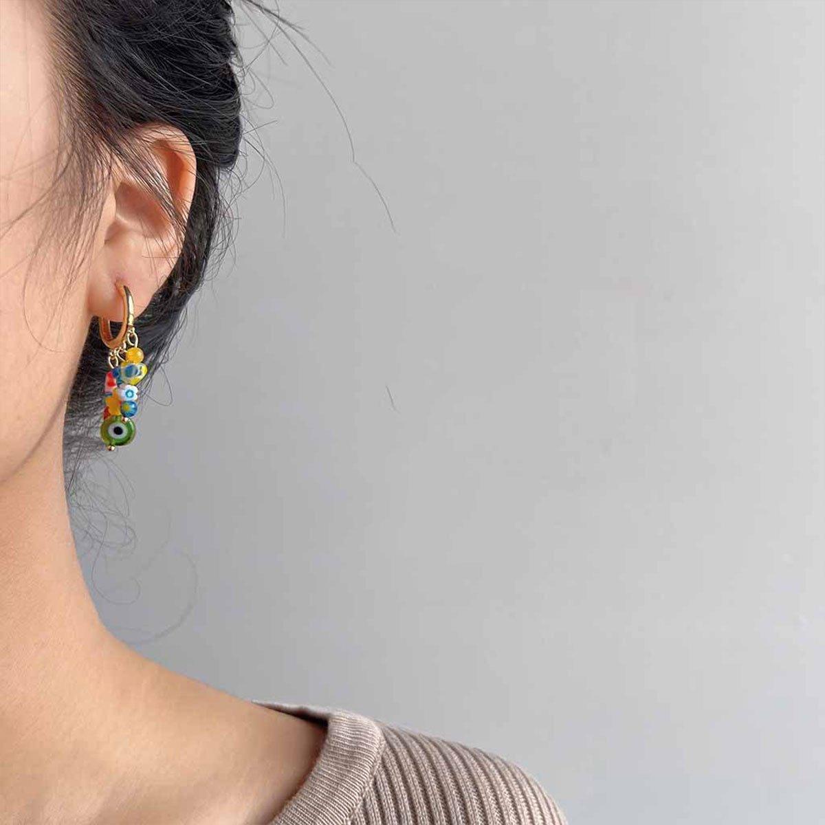 Vintage Asymmetrical Earrings Handmade Floral Glass and Pearl Drop Design for Women V528-EARRINGS-C-727-852192