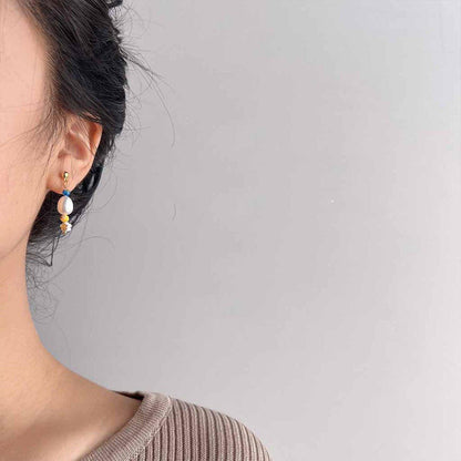 Vintage Asymmetrical Earrings Handmade Floral Glass and Pearl Drop Design for Women V528-EARRINGS-C-727-852192