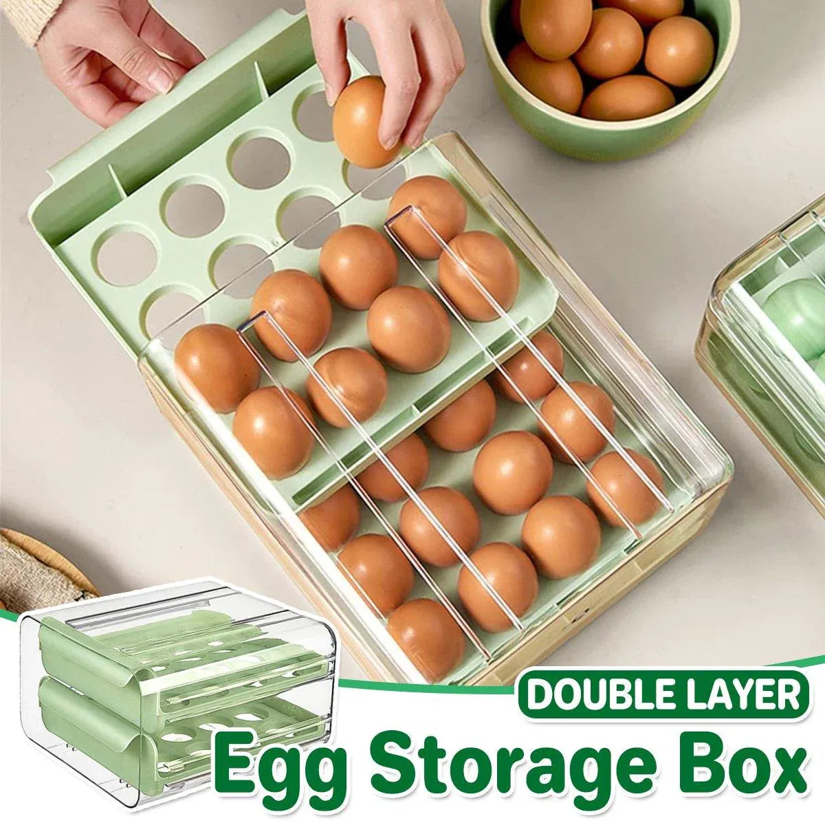 Double Layer Green Egg Storage Carton Drawer Fridge Organizer for Kitchen Use V528-EGG-STORAGE-GREEN-805412