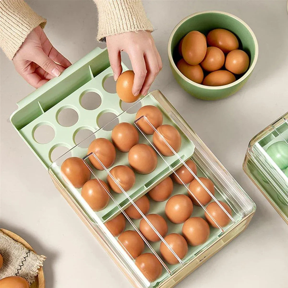 Double Layer Green Egg Storage Carton Drawer Fridge Organizer for Kitchen Use V528-EGG-STORAGE-GREEN-805412