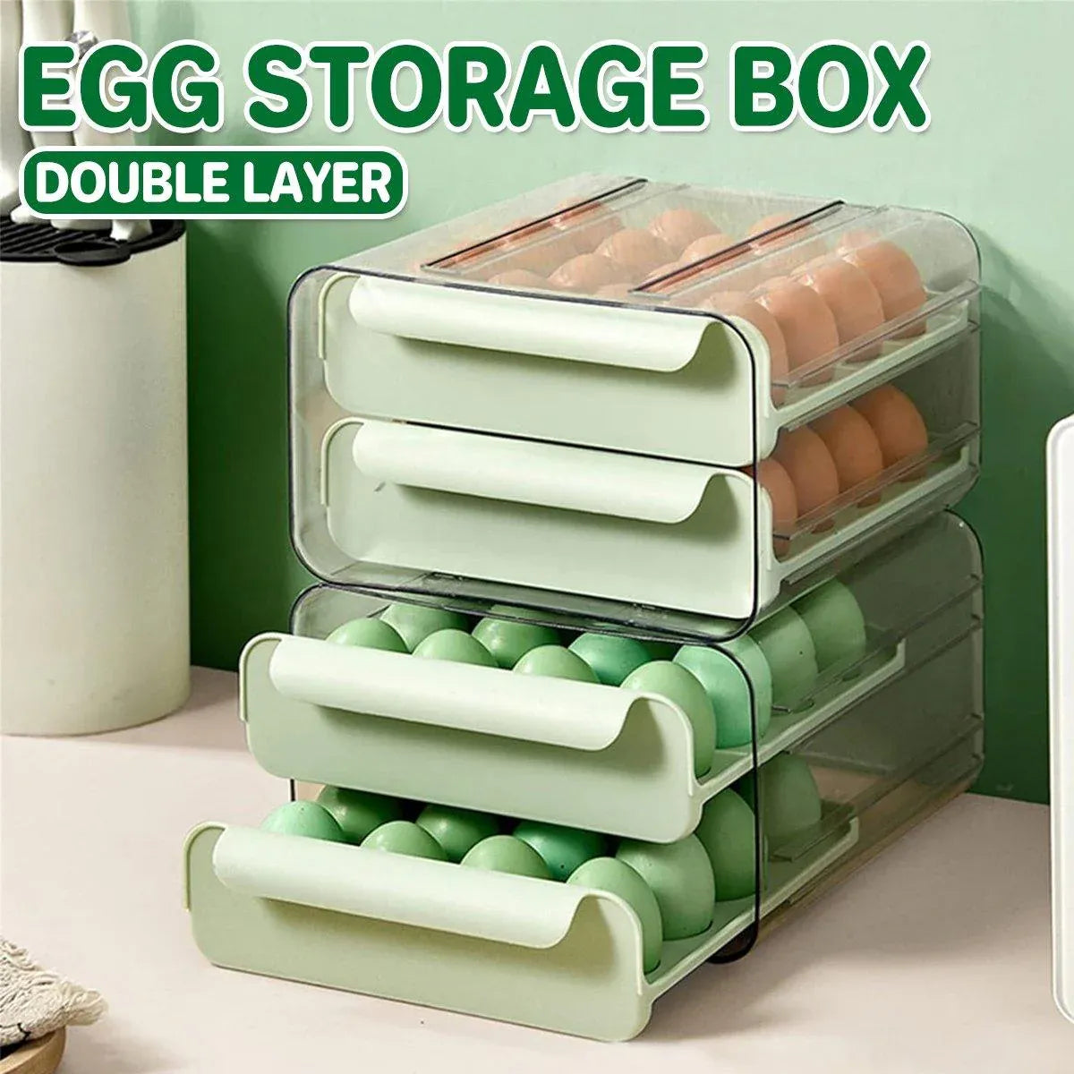 Double Layer Green Egg Storage Carton Drawer Fridge Organizer for Kitchen Use V528-EGG-STORAGE-GREEN-805412