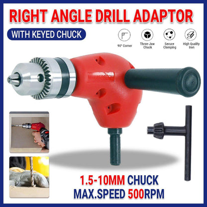 90-Degree Right Angle Drill Attachment 1/4inch Drive Adapter with Chuck Key Tools V528-ELECTRIC-DRILL-BENDERS-727914