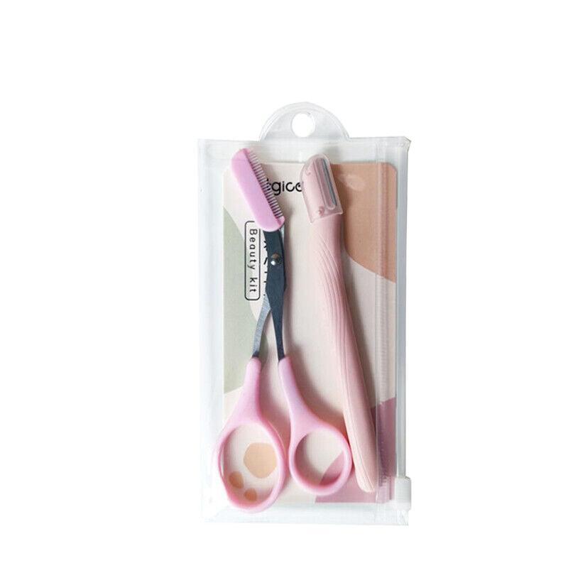 Eyebrow Scissors with Comb Stainless Steel Makeup Trimmer Beauty Tool 3 Colours - Pink (Eyebrow Razor + V528-EYEBROWRAZORSCISSOR-PINK-708900