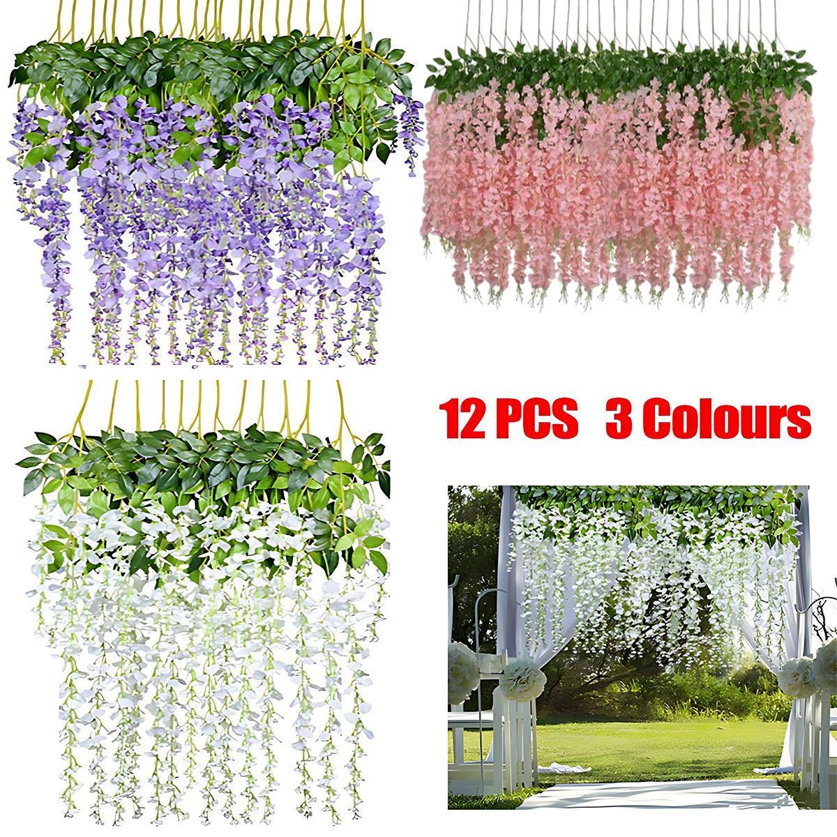 12X Artificial Silk Fake Flower Garland Vine Wisteria Leaf Hanging Wedding Decor - Purple V528-FAKEFLOWER-PURPLE-12PCS-945692