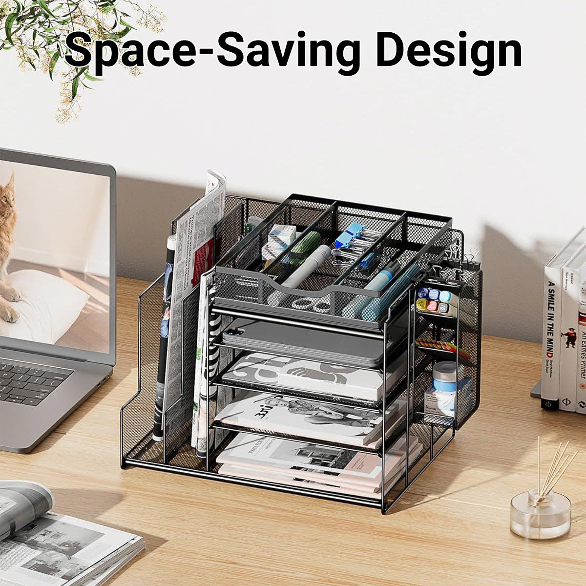 Multi Layer Desktop File Rack Storage Organizer Black Plastic for Office Home V528-FILE-RACK-328016